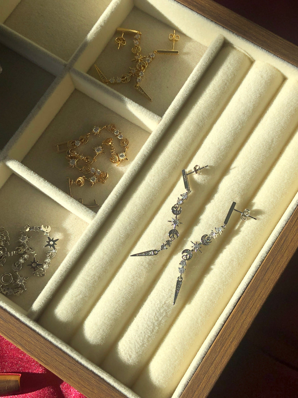 Sterling Silver Celestial earring set including in a wooden jewelry box.