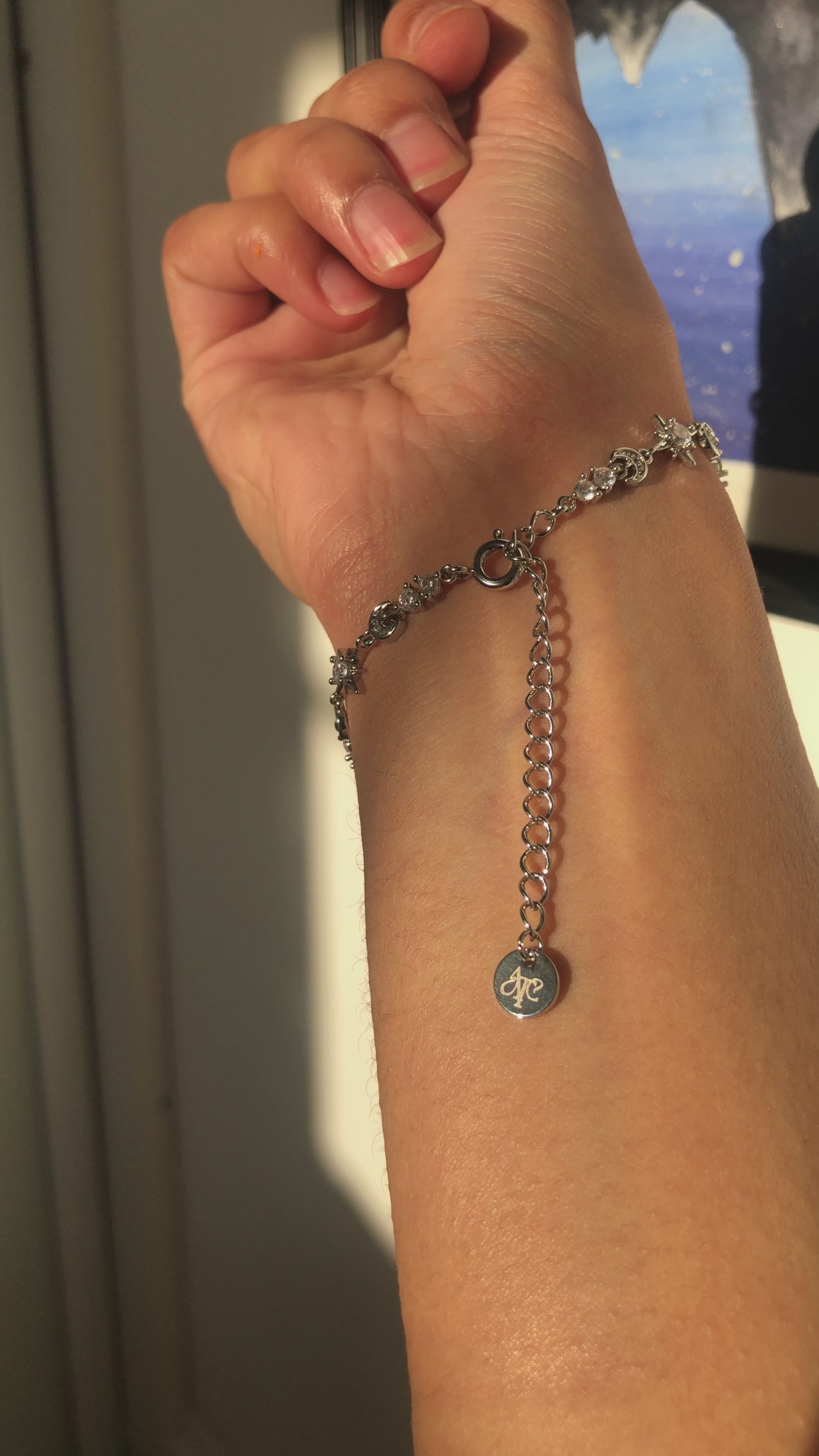 Sterling Silver adjustable fantasy inspired bracelet with stars and moon pattern 